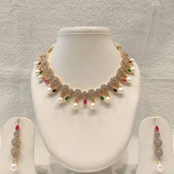 Certified natural freshwater pearls jewellery gold-toned cz necklace and earrings set with pearl drops. 2