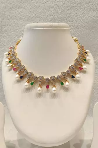 Certified natural freshwater pearls jewellery gold-toned cz necklace and earrings set with pearl drops.