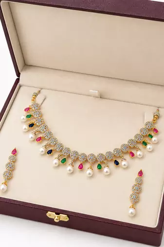 Certified natural freshwater pearls jewellery gold-toned cz necklace and earrings set with pearl drops.