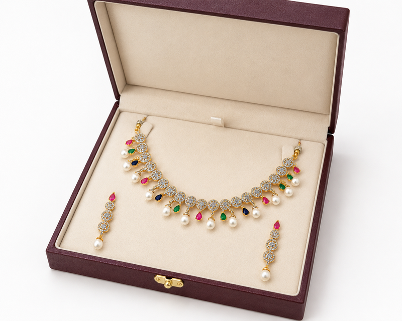 Certified natural freshwater pearls jewellery gold-toned cz necklace and earrings set with pearl drops.
