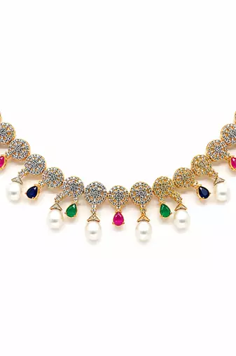 Certified natural freshwater pearls jewellery gold-toned cz necklace and earrings set with pearl drops.