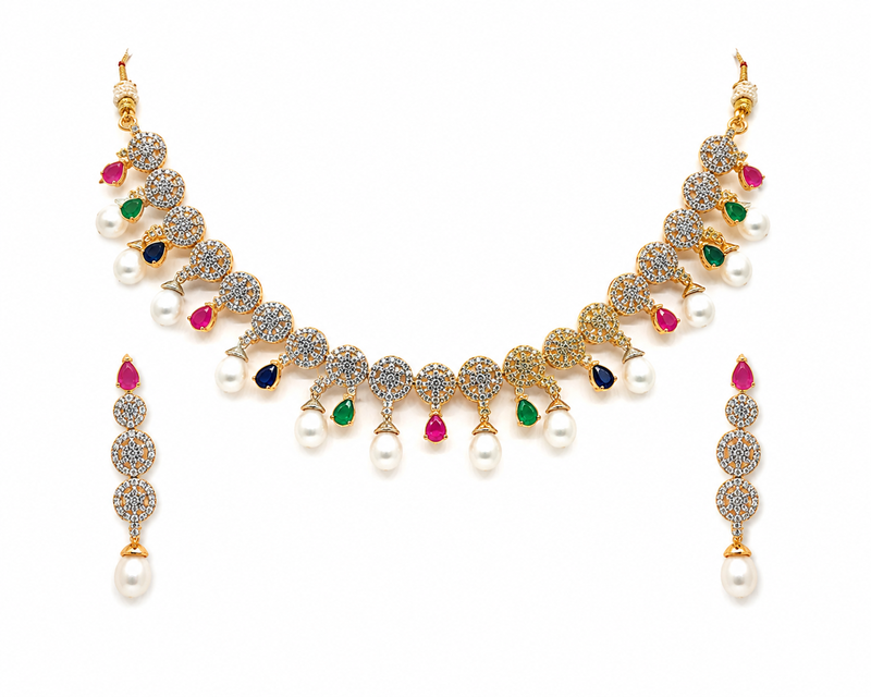 Certified natural freshwater pearls jewellery gold-toned cz necklace and earrings set with pearl drops.
