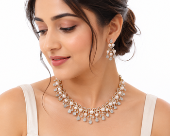 Certified natural freshwater pearls jewellery pearl & crystal choker necklace & earrings jewellery set gold-tone setting 1