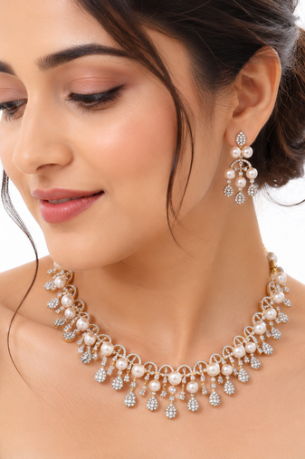 Certified natural freshwater pearls jewellery pearl & crystal choker necklace & earrings jewellery set gold-tone setting
