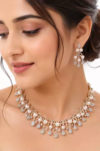 Certified natural freshwater pearls jewellery pearl & crystal choker necklace & earrings jewellery set gold-tone setting