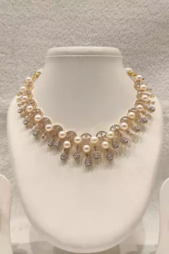 Certified natural freshwater pearls jewellery pearl & crystal choker necklace & earrings jewellery set gold-tone setting