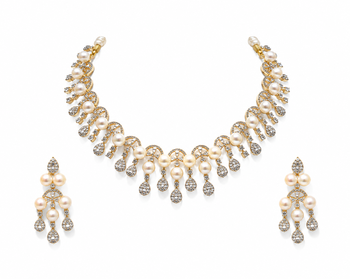 Certified natural freshwater pearls jewellery pearl & crystal choker necklace & earrings jewellery set gold-tone setting 4