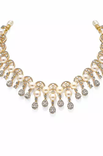 Certified natural freshwater pearls jewellery pearl & crystal choker necklace & earrings jewellery set gold-tone setting