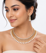 Certified natural freshwater pearls jewellery gold-toned kundan choker necklace and earrings set with pearl drops.