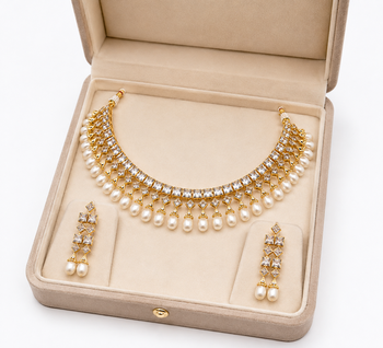 Certified natural freshwater pearls jewellery gold-toned kundan choker necklace and earrings set with pearl drops. 3