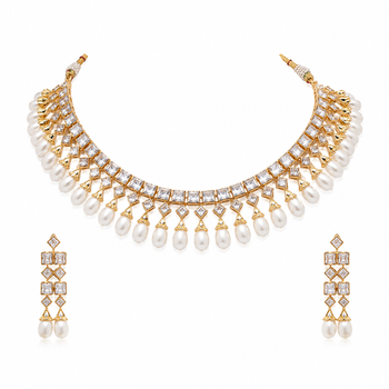 Certified natural freshwater pearls jewellery gold-toned kundan choker necklace and earrings set with pearl drops. 4