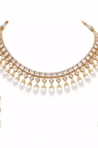 Certified natural freshwater pearls jewellery gold-toned kundan choker necklace and earrings set with pearl drops.