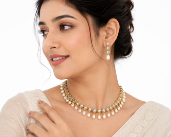 Certified natural freshwater pearls jewellery gold-tone finish, dangling pearl drops, matching earrings, bridal wear. 1