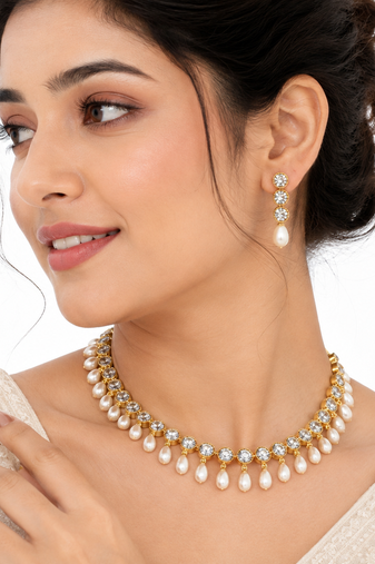 Certified natural freshwater pearls jewellery gold-tone finish, dangling pearl drops, matching earrings, bridal wear.