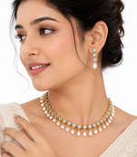 Certified natural freshwater pearls jewellery gold-tone finish, dangling pearl drops, matching earrings, bridal wear.