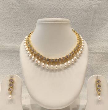 Certified natural freshwater pearls jewellery gold-tone finish, dangling pearl drops, matching earrings, bridal wear. 2