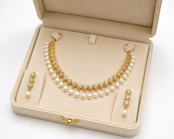 Certified natural freshwater pearls jewellery gold-tone finish, dangling pearl drops, matching earrings, bridal wear. 3