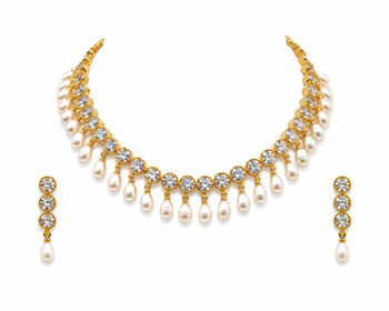 Certified natural freshwater pearls jewellery gold-tone finish, dangling pearl drops, matching earrings, bridal wear. 4