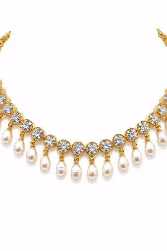 Certified natural freshwater pearls jewellery gold-tone finish, dangling pearl drops, matching earrings, bridal wear.