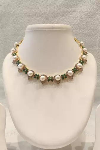 Certified natural freshwater pearls jewellery pearl drop and crystal choker necklace set with earrings, gold-tone.