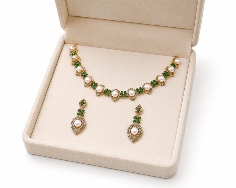 Certified natural freshwater pearls jewellery pearl drop and crystal choker necklace set with earrings, gold-tone.