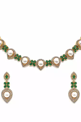 Certified natural freshwater pearls jewellery pearl drop and crystal choker necklace set with earrings, gold-tone.