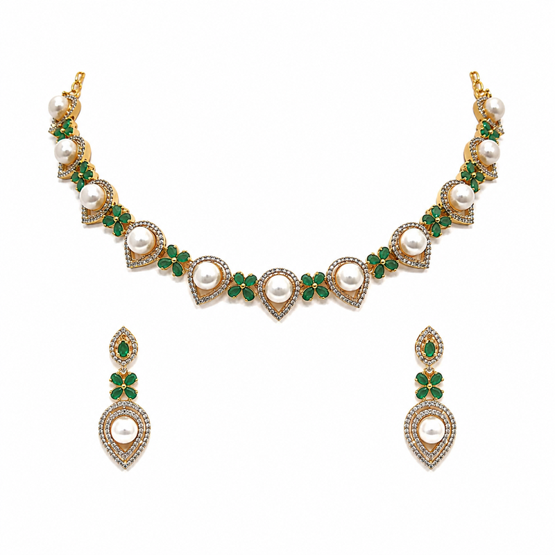 Certified natural freshwater pearls jewellery pearl drop and crystal choker necklace set with earrings, gold-tone.
