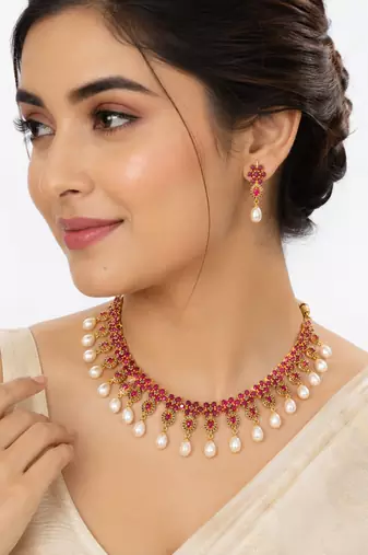 Certified natural freshwater pearls jewellery ruby & pearl choker necklace and earrings jewellery set pearl drop.