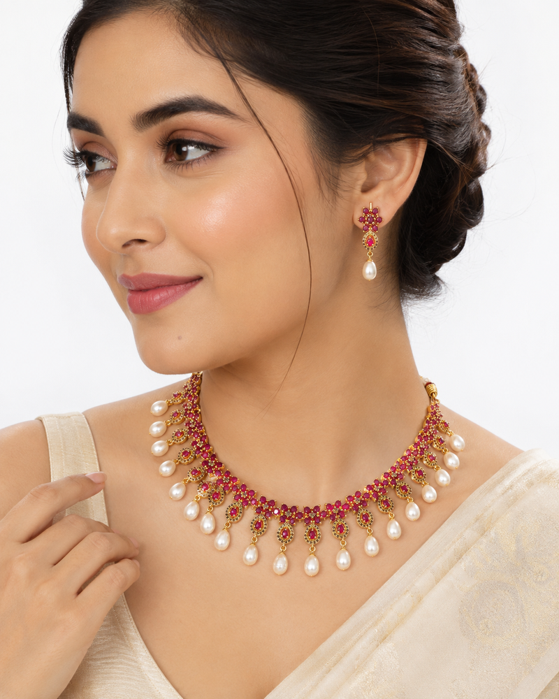 Certified natural freshwater pearls jewellery ruby & pearl choker necklace and earrings jewellery set pearl drop.