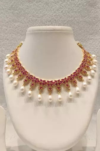 Certified natural freshwater pearls jewellery ruby & pearl choker necklace and earrings jewellery set pearl drop.