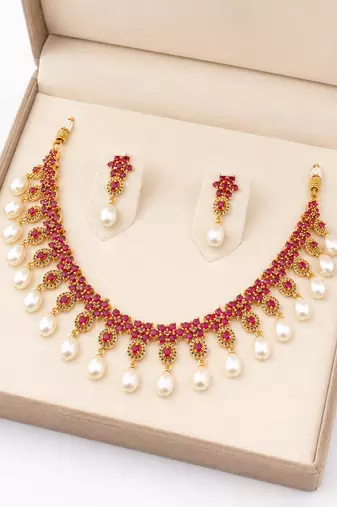 Certified natural freshwater pearls jewellery ruby & pearl choker necklace and earrings jewellery set pearl drop.