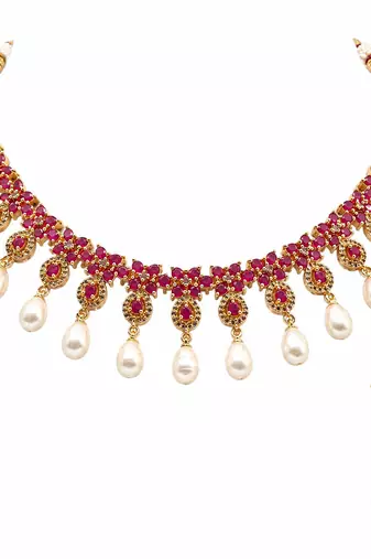 Certified natural freshwater pearls jewellery ruby & pearl choker necklace and earrings jewellery set pearl drop.