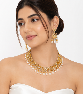 Certified natural freshwater pearls jewellery gold-toned polki choker necklace and earrings jewellery set pearl. 1