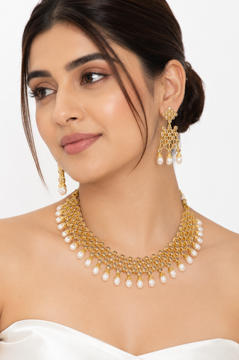 Certified natural freshwater pearls jewellery gold-toned polki choker necklace and earrings jewellery set pearl.