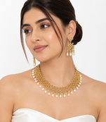 Certified natural freshwater pearls jewellery gold-toned polki choker necklace and earrings jewellery set pearl.