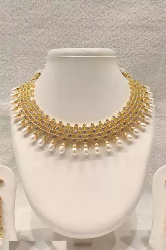 Certified natural freshwater pearls jewellery gold-toned polki choker necklace and earrings jewellery set pearl.