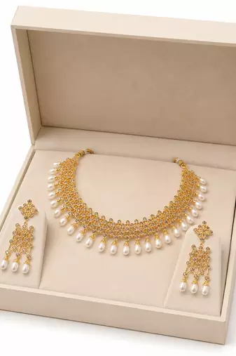 Certified natural freshwater pearls jewellery gold-toned polki choker necklace and earrings jewellery set pearl.