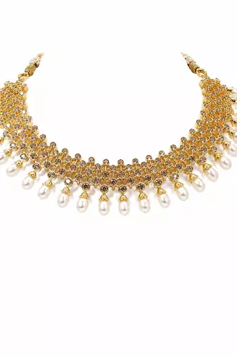 Certified natural freshwater pearls jewellery gold-toned polki choker necklace and earrings jewellery set pearl.