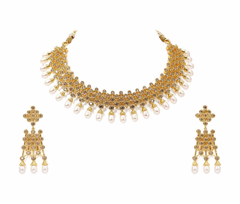 Certified natural freshwater pearls jewellery gold-toned polki choker necklace and earrings jewellery set pearl.