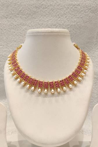 Certified natural freshwater pearls jewellery ruby & pearl choker necklace and earrings jewellery set gold.