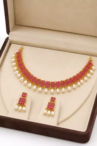 Certified natural freshwater pearls jewellery ruby & pearl choker necklace and earrings jewellery set gold.