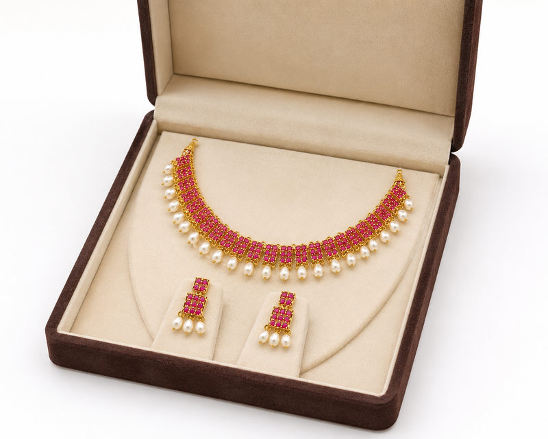 Certified natural freshwater pearls jewellery ruby & pearl choker necklace and earrings jewellery set gold.