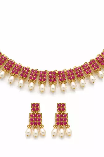 Certified natural freshwater pearls jewellery ruby & pearl choker necklace and earrings jewellery set gold.
