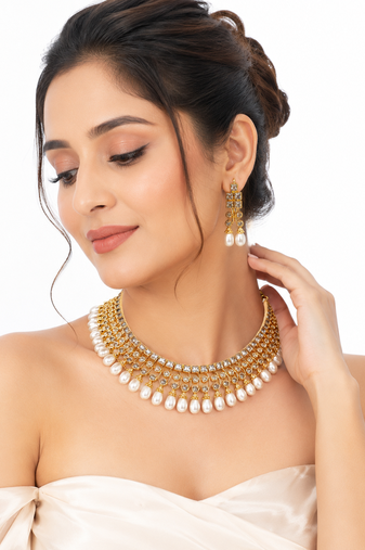 Certified natural freshwater pearls jewellery gold-tone finish, dangling pearl drops, matching earrings.