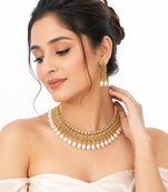 Certified natural freshwater pearls jewellery gold-tone finish, dangling pearl drops, matching earrings.