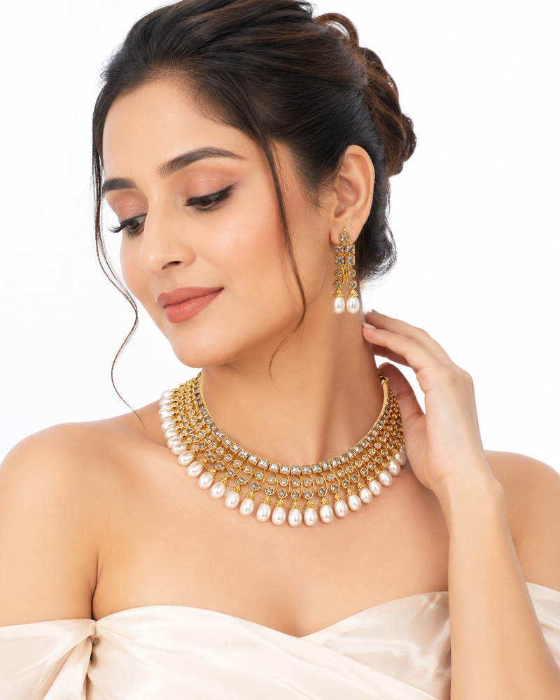 Certified natural freshwater pearls jewellery gold-tone finish, dangling pearl drops, matching earrings.
