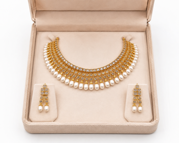 Certified natural freshwater pearls jewellery gold-tone finish, dangling pearl drops, matching earrings. 3