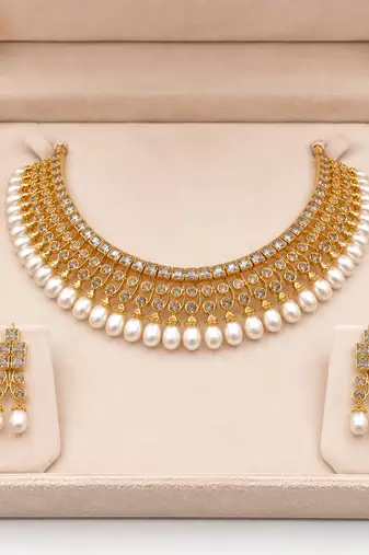 Certified natural freshwater pearls jewellery gold-tone finish, dangling pearl drops, matching earrings.