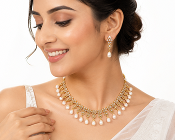 Certified natural freshwater pearls jewellery cz stone embellished, dangling pearl drops, bridal wear, includes earrings 1