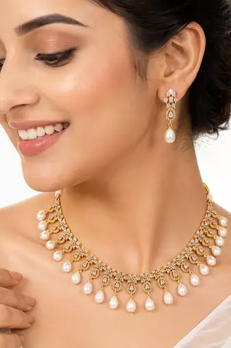 Certified natural freshwater pearls jewellery cz stone embellished, dangling pearl drops, bridal wear, includes earrings